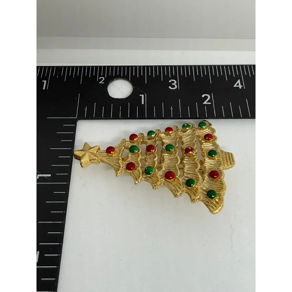 VINTAGE Gerry's Christmas Tree Brooch Signed Gold Tone Red Green Rhinestone Pins